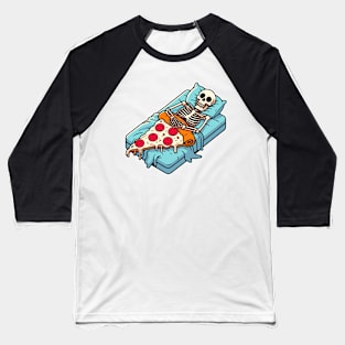 Skeleton sleeps covered by Pizza. Baseball T-Shirt